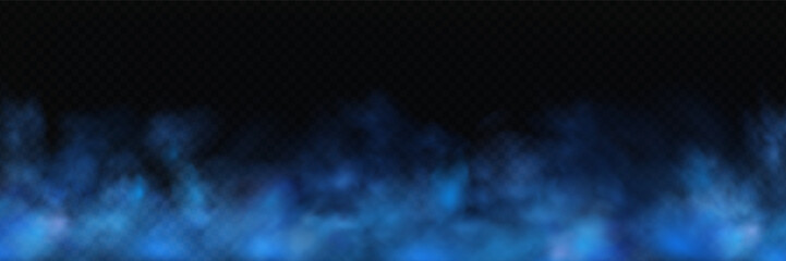 Realistic blue smoke or haze, magic fog and vapor on floor, hot fire flame effect, overlay on transparent background.Abstract vector illustration. © gala