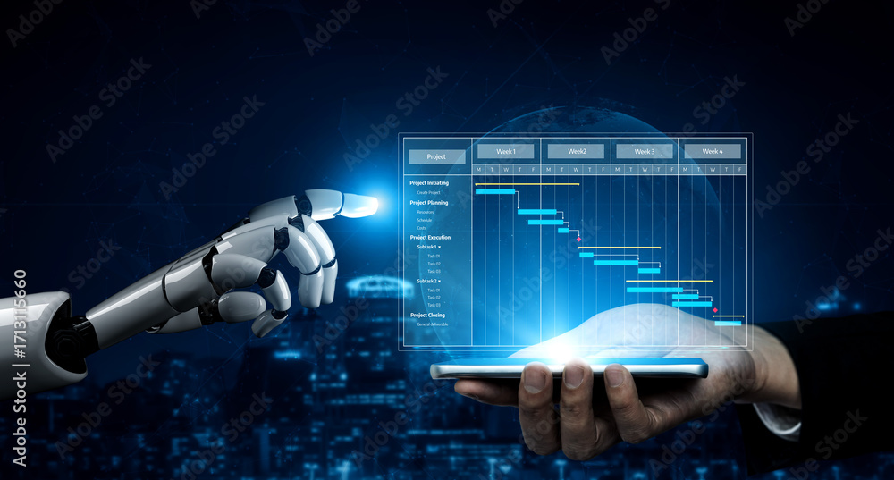 Poster A robotic hand reaches out to a touchscreen, demonstrating advanced project management technology in a modern digital workspace filled with data visuals. Tessel