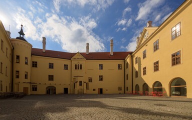 Beautiful courtyard of Hlohovec Castle after reconstruction during sunset