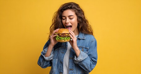 young woman eating a hamburger
