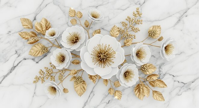 Elegant white and gold paper flowers and leaves arranged on a white marble background, creating a luxurious and delicate floral composition