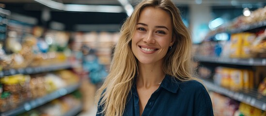 Smiling Shopper in a Supermarket: A radiant woman with long blonde hair radiates positivity as she navigates the vibrant aisles of a supermarket.