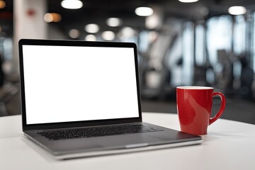Laptop and Mug: A sleek, silver laptop with a bright, empty display screen rests on a white table next to a vibrant, red coffee mug. In the background.
