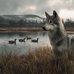 Lone Wolf's Vigil: A majestic wolf stands watch by a serene lake. The scene captures a moment of quiet introspection amid nature's beauty.