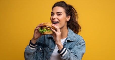Burger Bliss: A captivating image of a woman savoring a juicy hamburger. Her eyes are wide with delight and her expressions reflects the pure joy of indulgence and culinary pleasure.