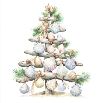 Delightful watercolor driftwood Christmas tree decorated with seashell ornaments for a beachy holiday feel