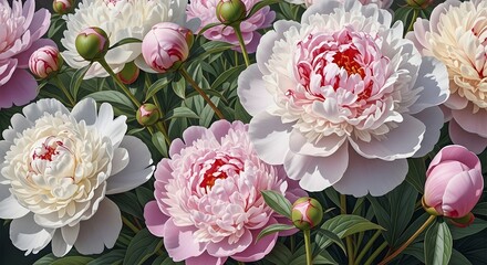 A closeup view of delicate pink and white peonies in full bloom, showcasing their intricate petals and vibrant centers, surrounded by lush green leaves and buds, creating a beautiful floral display