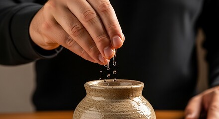 Pouring liquid into ceramic pot, hand dripping water, skincare serum application, beauty product usage background