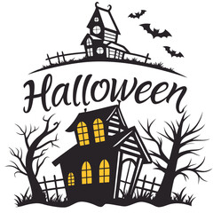 Haunted House Halloween Typography Illustration