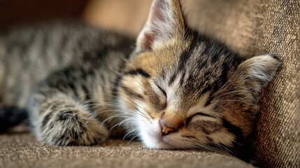 A Peaceful Tabby Kitten Dozing Comfortably on a Cozy Sofa Fabric, Its Fur Soft and Striped, Radiating Warmth and Innocence in a Gentle Light.