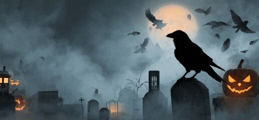 Mysterious Raven Perched on Gravestone Under Moonlit Sky Surrounded by Creepy Crows and Jack-o'-Lantern During Spooky Halloween Night