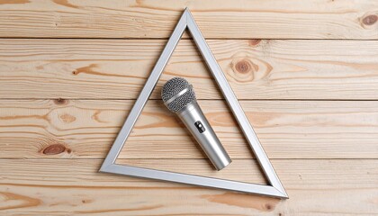 Silver microphone inside a triangular frame on a light wooden surface