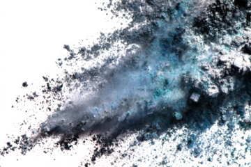 Abstract image of teal and gray powder explosion on white background.