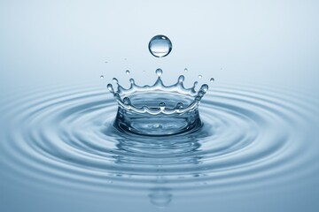Crystal clear water droplet splash with soft ripples on blue background clean hydration concept environmental awareness art