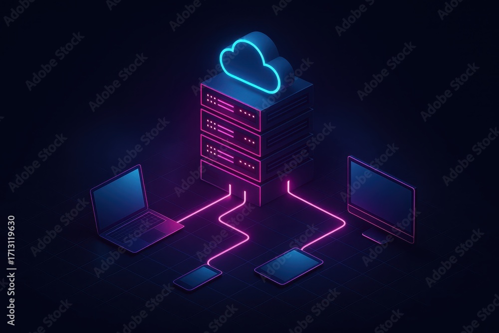 Poster isometric neon cloud platform with laptops tablets phones and server racks linked by glowing data li