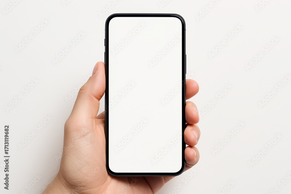 Aufkleber left hand holding smartphone with blank white screen on seamless white background horizontal minimal