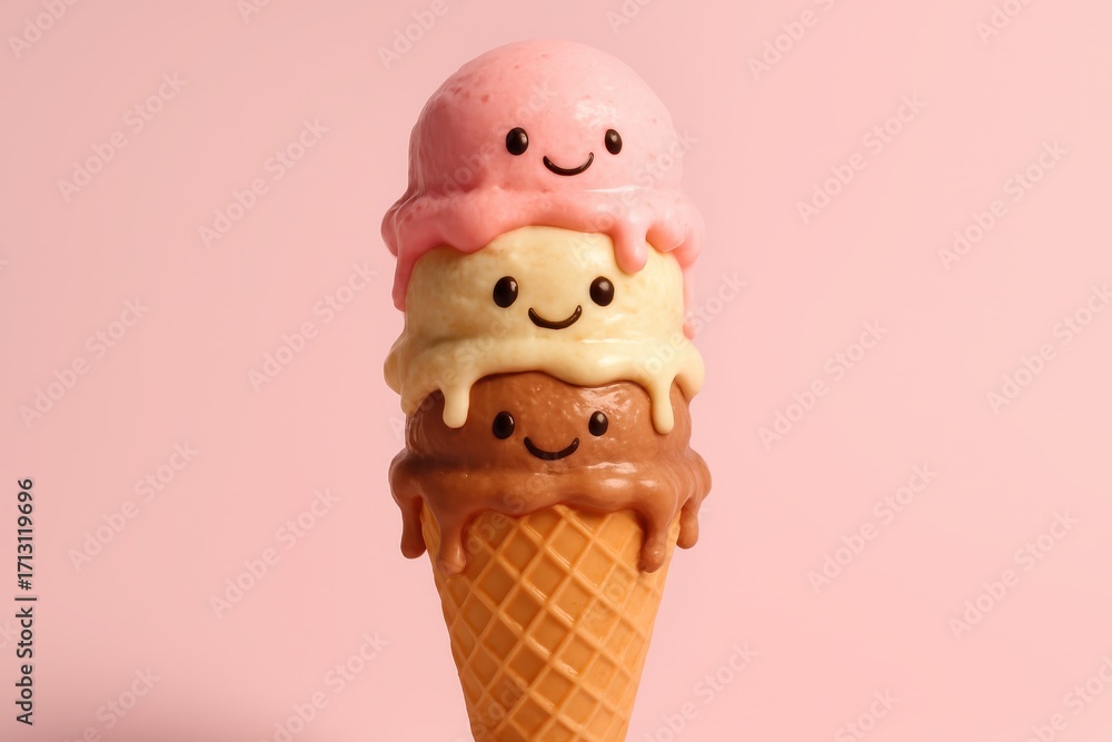 Poster melting pastel gelato stack in a waffle cone on soft pink background with glossy drips playful summe