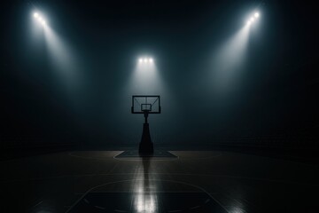 Majestic empty basketball arena illuminated by dramatic spotlights hardwood court championship atmosphere with scoreboard glow and foggy beams awaiting tipoff