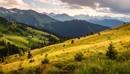 Obraz premium Lush mountain valley at sunset