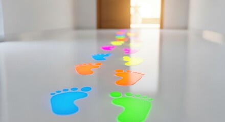 Follow the colorful footprints: bright path, fun journey, vibrant floor decals, playful interior design idea background