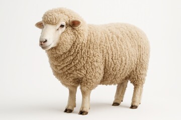 Fluffy merino sheep standing three quarter view isolated on pure white seamless background with clean studio lighting and detailed wool texture