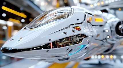 An advanced android with polished steel surfaces and luminous details, representing state-of-the-art robotics, artificial intelligence, and futuristic aesthetics.