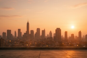 Golden hour city skyline viewed from a rooftop with shimmering heat haze warm pastel sky and dreamy bokeh lights evoking a festive summer evening