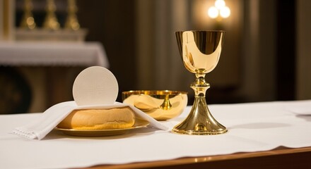 Sacrament of eucharist golden chalice and host for christian communion service in church celebration scene background