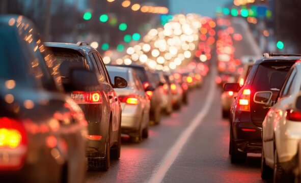 Evening Rush Hour Traffic Jam: A Stream of Vehicles Struggling to Navigate Through Congested Urban Roads Under Diminishing Light Conditions