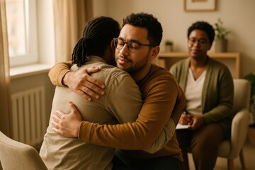 Supportive friends embrace during counseling session warm natural light compassionate mental health moment therapist nearby authentic candid emotion