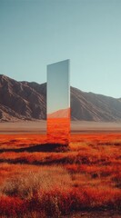 A tall, reflective vertical structure stands amidst a vast, colorful, desert landscape, showcasing a mirrored reflection of the surrounding terrain.