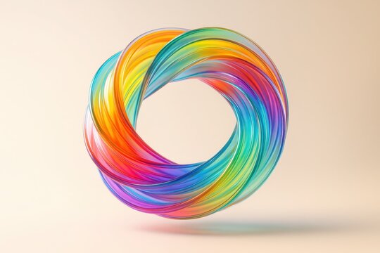 Vivid glassy ribbons swirling into an abstract fluid torus with luminous gradients and soft reflections on a clean pastel studio background