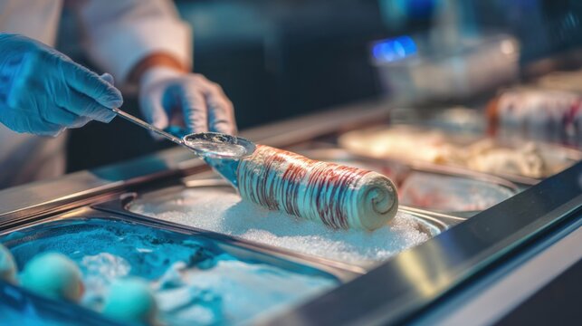 A Skilled Chef Skillfully Prepares Delicious Rolled Ice Cream with Tantalizing Flavors and Fresh Ingredients in a Vibrant Dessert Shop Setting
