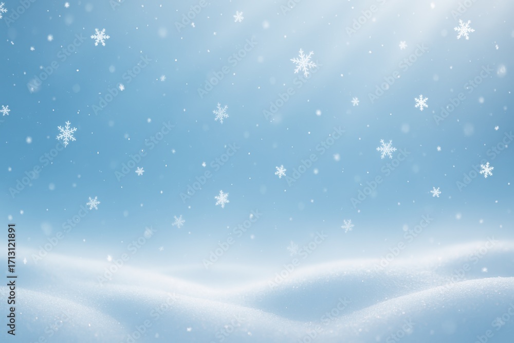 Poster panoramic winter snowfall banner with sparkling snowdrifts light rays and frosty bokeh on a deep blu