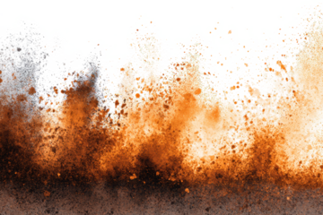 Abstract explosion of vibrant orange and black powder particles erupting against a clean white background, creating a dynamic and energetic texture.