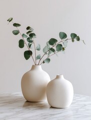 Elegant Arrangement of Minimalist Vases with Green Eucalyptus Stems on a Marble Surface for a Sophisticated Home Décor Look