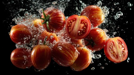 Vibrant Red Tomatoes Splashed in Water Showcase Freshness and Flavor, Perfect for Culinary Creations and Healthy Living