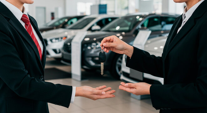 Car salesman handing over the vehicle key to a customer, symbolizing a successful deal and purchase