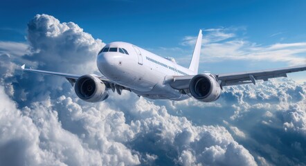 Obraz premium A Majestic Aircraft Gliding Through Fluffy White Clouds Against a Beautifully Bright Blue Sky, Showcasing Modern Aviation and Freedom of Flight