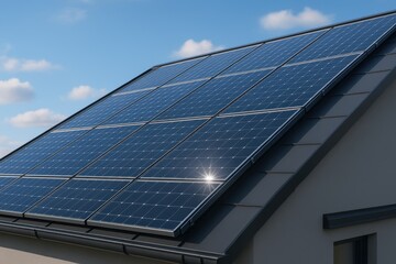 Modern home rooftop with gleaming solar panels energy efficient architecture clean lines sustainable residential power generation under bright blue sky minimal style