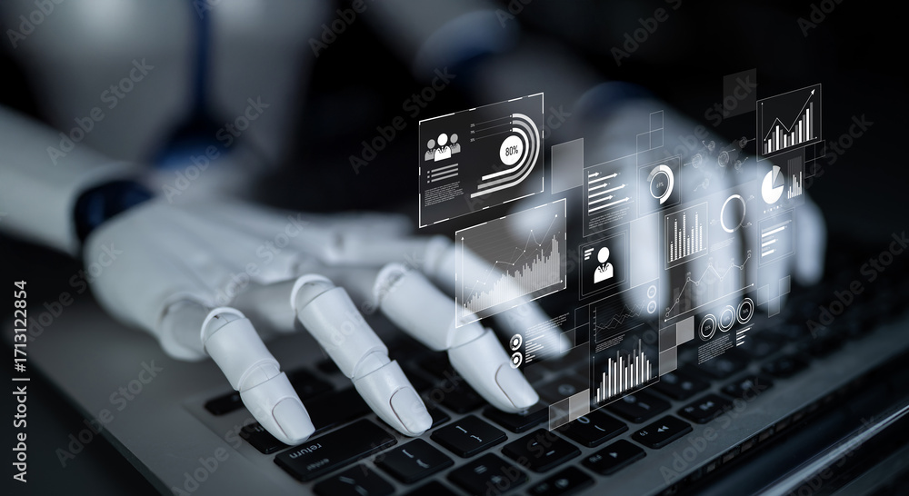 Poster ai interacts with data analytics dashboard, reading trends, improving decisions, and enhancing insig