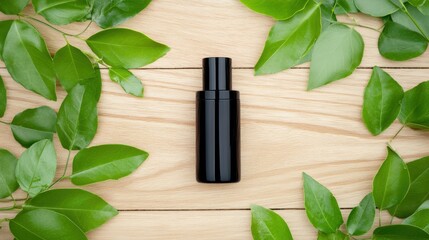 Minimalist biodegradable bottle on wooden surface with green foliage, eco-friendly packaging concept under soft natural light, symbolizing sustainability and modern clean beauty.