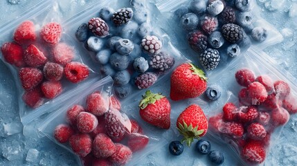 Assortment of frozen berries including raspberries, blackberries, strawberries, and blueberries in plastic bags on a textured blue surface.