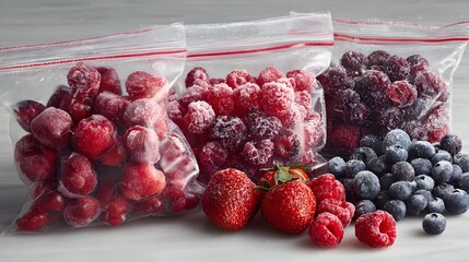 An arrangement of frozen mixed berries in plastic bags, along with some fresh berries scattered around on a white background. 