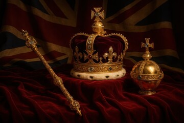British coronation regalia still life royal crown scepter and orb on velvet with Union Jack backdrop ornate gold detailing heritage ceremony illustration