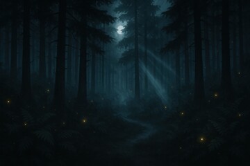 Mystical moonlit forest with towering pines and glowing fireflies dreamy silhouettes over misty path enchanting night fantasy landscape illustration