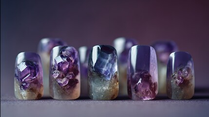 A close-up photograph showcases a row of intricately designed nails, each adorned with sparkling purple amethyst stones on a soft purple background.
