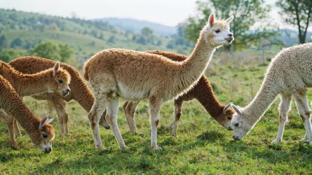 Alpaca herds on the meadow Alpaca herds that graze leisurely on the meadow