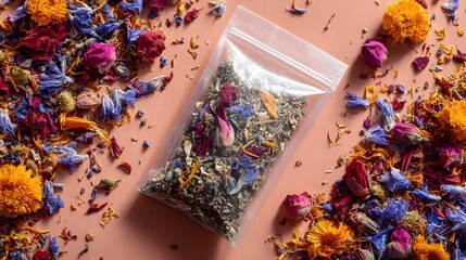Botanical blend in a clear package with colorful loose flowers scattered around on a pastel surface. Herbal tea or potpourri concept.