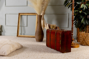 A Vintage Travel Suitcase placed in a cozy home setting, creating an inviting atmosphere